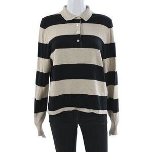 Wyeth Women Collared Striped Pullover Sweater Beige Cotton Long Sleeve Size S